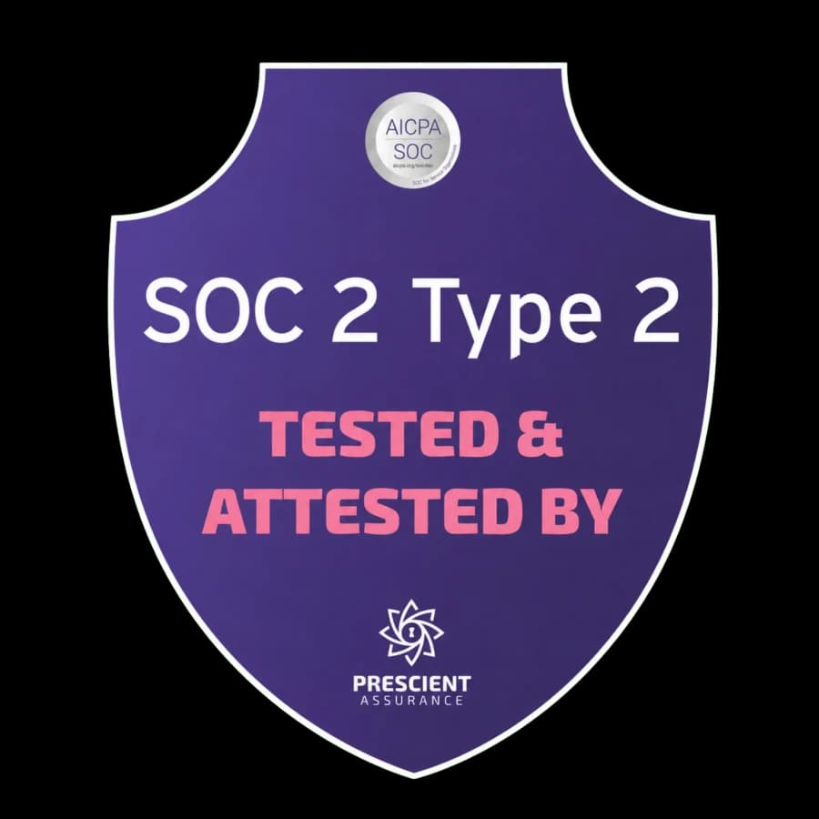 SOC 2 Type 2, tested and attested by Prescient Assurance